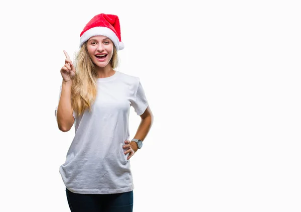 Joven Hermosa Mujer Rubia Con Sombrero Navidad Sobre Fondo Aislado — Foto de Stock