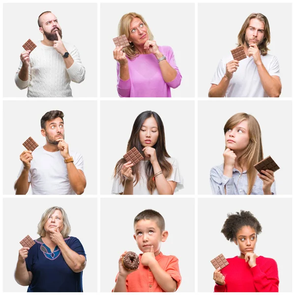 Колаж Групи Людей Які Їдять Шоколад Над Ізольованим Тлом Серйозне — стокове фото