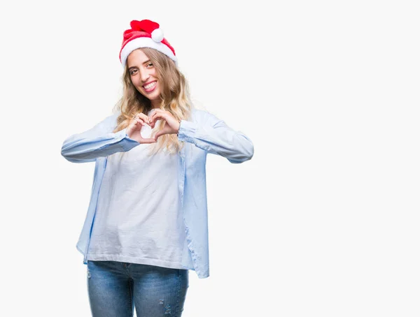 Linda Jovem Loira Vestindo Chapéu Natal Sobre Fundo Isolado Sorrindo — Fotografia de Stock