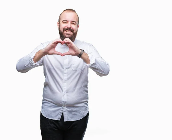 Young Caucasian Hipster Man Isolated Background Smiling Love Showing Heart — Stock Photo, Image