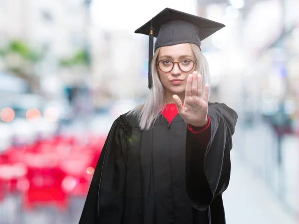 Young Blonde Woman Wearing Graduate Uniform Isolated Background Doing Stop — Stock Photo, Image