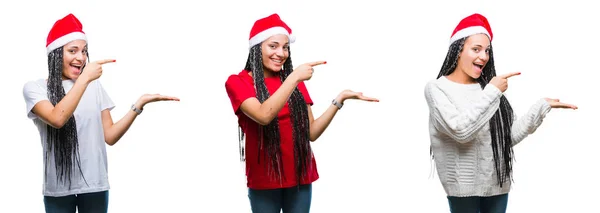 Collage Von Schönen Afrikanisch Amerikanischen Frau Trägt Weihnachtsmütze Über Isoliertem — Stockfoto