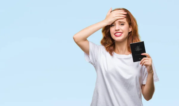 Jovem Bela Mulher Segurando Passaporte Austrália Sobre Fundo Isolado Estressado — Fotografia de Stock