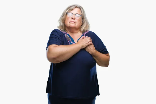 Senior Size Caucasian Woman Wearing Glasses Isolated Background Smiling Hands — Stock Photo, Image