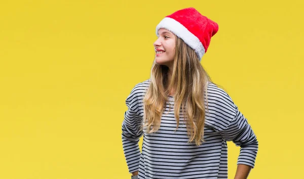 Jovem Mulher Loira Bonita Vestindo Chapéu Natal Sobre Fundo Isolado — Fotografia de Stock