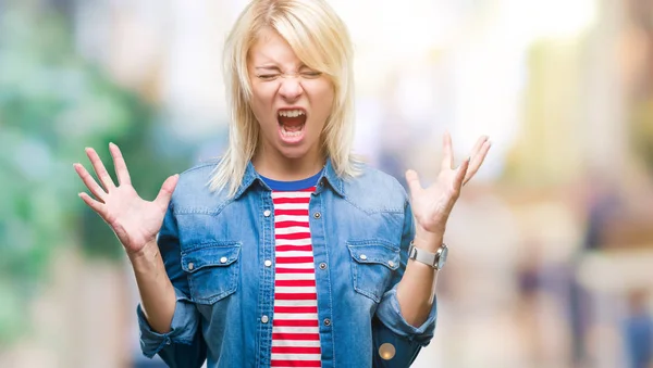 Jeune Belle Femme Blonde Portant Une Veste Denim Sur Fond — Photo