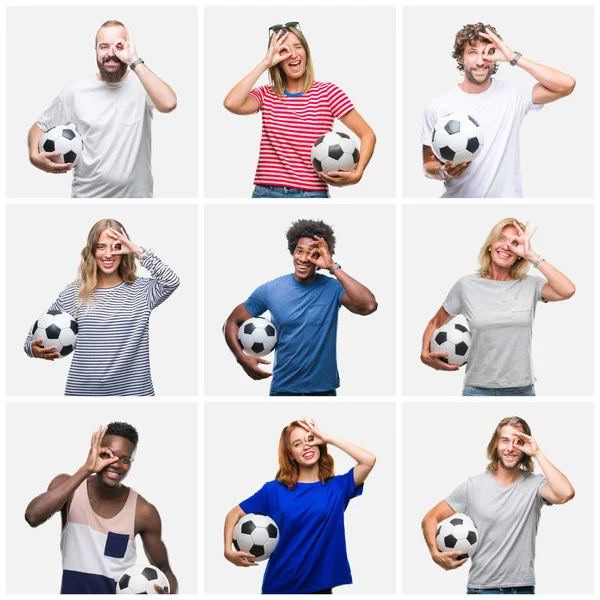 Collage Grupo Jóvenes Personas Mayores Sosteniendo Pelota Fútbol Sobre Fondo —  Fotos de Stock