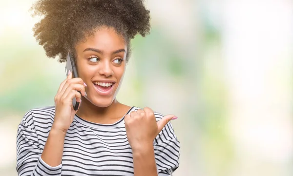 Young Afro American Woman Talking Phone Isolated Background Pointing Showing — Stock Photo, Image