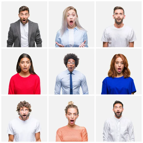 Collage Gruppen Unga Kvinna Och Män Över Isolerade Bakgrund Rädd — Stockfoto
