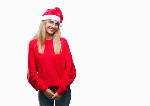 Jovem Mulher Loira Bonita Vestindo Chapéu Natal Sobre Fundo Isolado — Fotografia de Stock