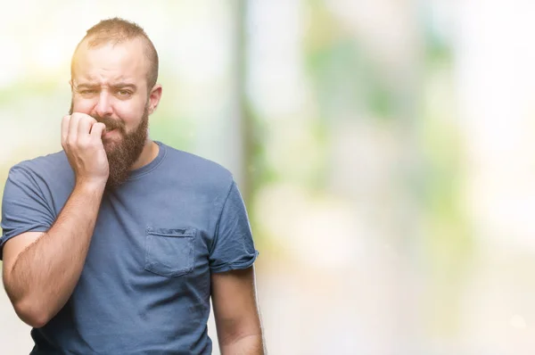 Giovane Uomo Hipster Caucasico Sfondo Isolato Cercando Stressato Nervoso Con — Foto Stock