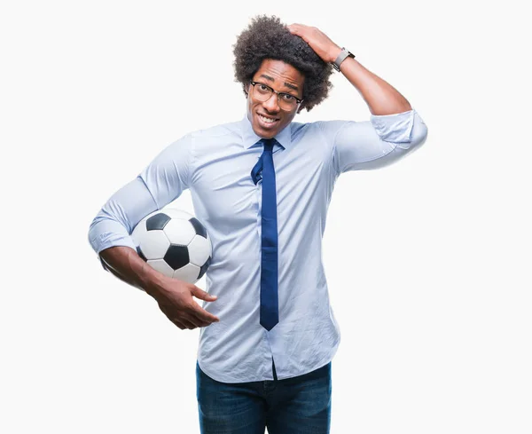 Afro Amerykański Kierownik Mężczyzna Trzymając Piłki Nożnej Białym Tle Podkreślił — Zdjęcie stockowe