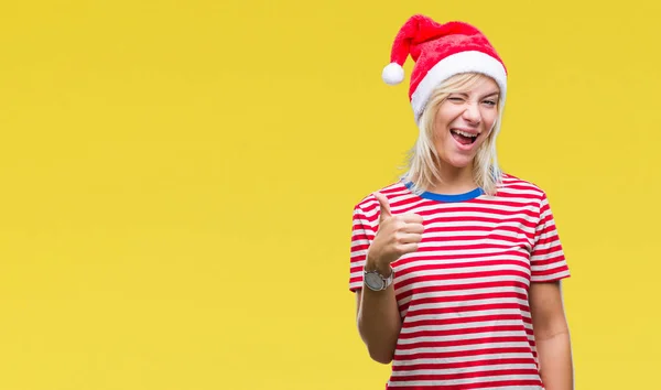 Jovem Mulher Loira Bonita Vestindo Chapéu Natal Sobre Fundo Isolado — Fotografia de Stock