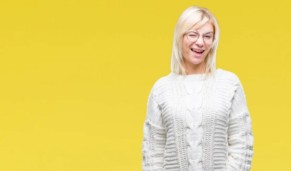 Joven Hermosa Mujer Rubia Con Suéter Invierno Gafas Sobre Fondo — Foto de Stock