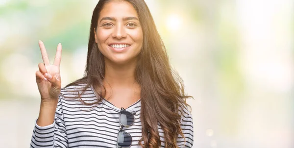 Young Beautiful Arab Woman Wearing Sunglasses Isolated Background Showing Pointing — Stock Photo, Image