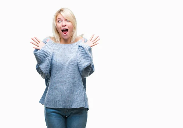 Giovane Bella Donna Bionda Indossa Maglione Invernale Sfondo Isolato Celebrando — Foto Stock