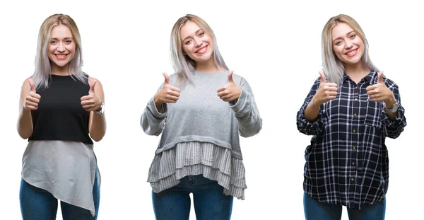 Collage Einer Schönen Blonden Jungen Frau Vor Isoliertem Hintergrund Die — Stockfoto