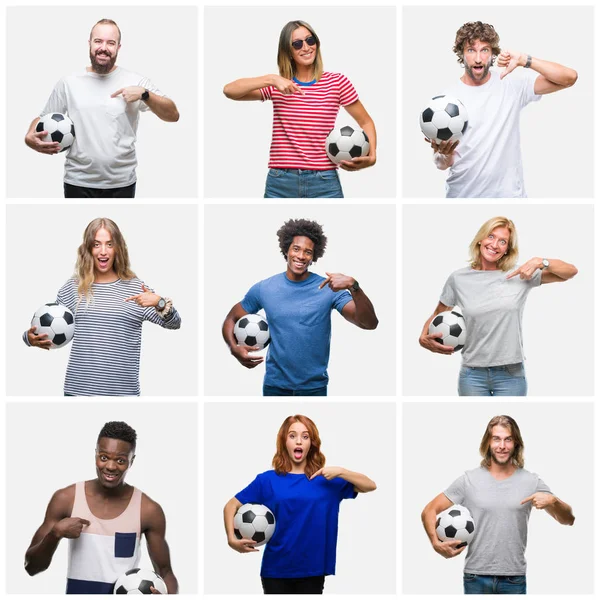 Colagem Grupo Jovens Idosos Segurando Bola Futebol Sobre Fundo Isolado — Fotografia de Stock