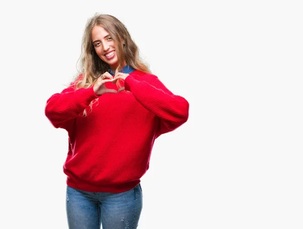 Beautiful Young Blonde Woman Wearing Winter Sweater Isolated Background Smiling — Stock Photo, Image