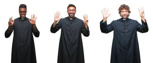 Collage Christian Priest Men Isolated Background Showing Pointing Fingers Number — Stock Photo, Image