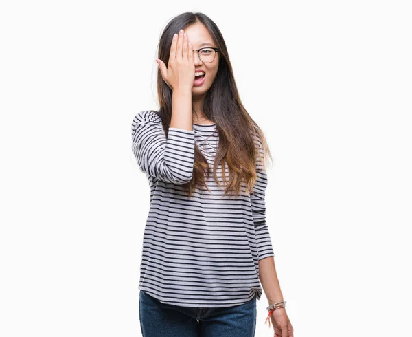 Young Asian Woman Wearing Glasses Isolated Background Covering One Eye — Stock Photo, Image