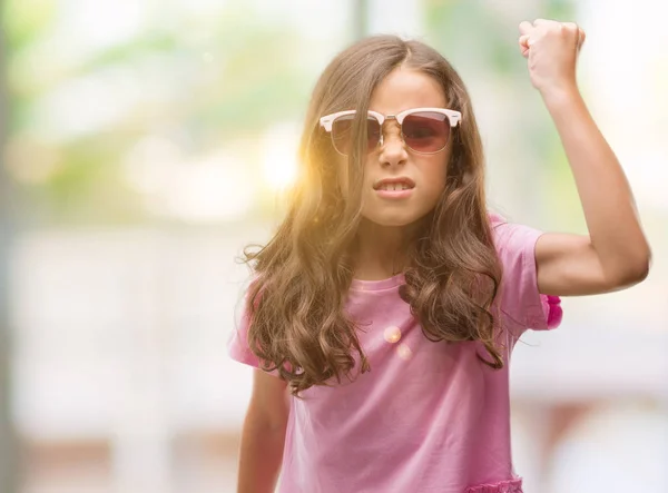 Brunette Hispanic Girl Wearing Sunglasses Annoyed Frustrated Shouting Anger Crazy — Stock Photo, Image
