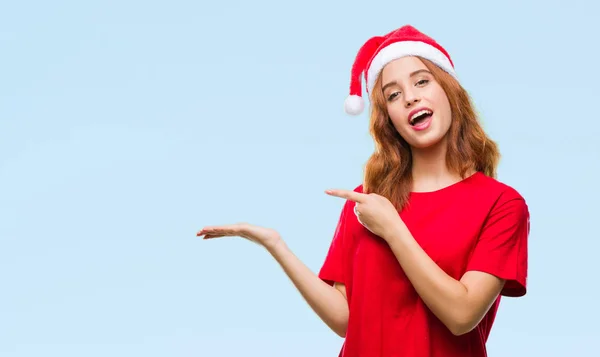 Zole Arka Plan Giyen Noel Şapka Hayret Ile Sunulması Parmak — Stok fotoğraf
