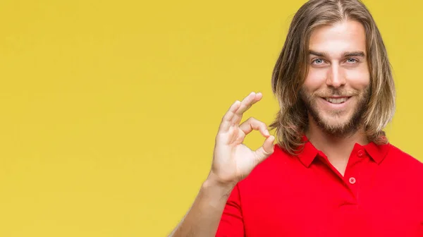 Giovane Bell Uomo Con Capelli Lunghi Sfondo Isolato Sorridente Positivo — Foto Stock