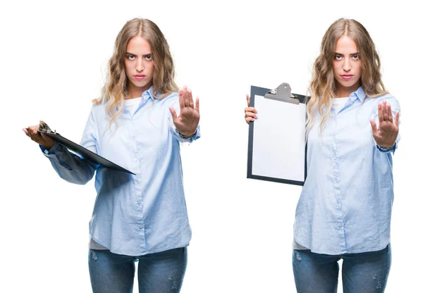 Jonge Mooie Jonge Zakelijke Vrouw Bedrijf Klembord Witte Geïsoleerde Achtergrond — Stockfoto