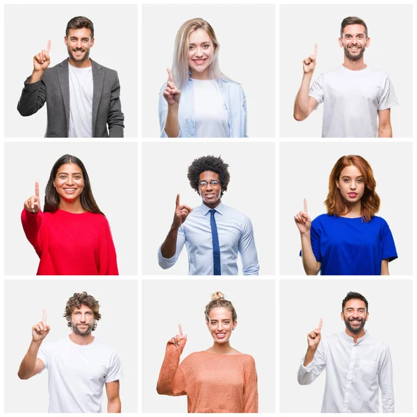 Collage Gruppo Giovani Donne Uomini Sfondo Isolato Mostrando Indicando Con — Foto Stock