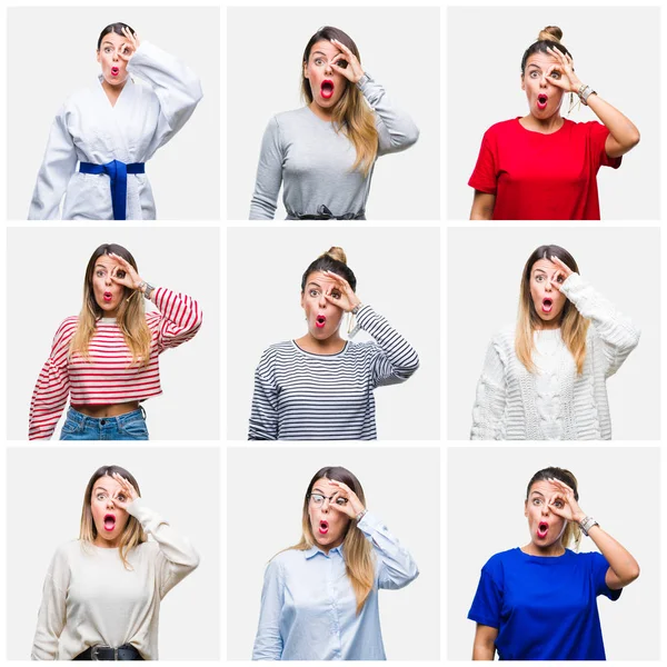 Collage Van Jonge Mooie Vrouw Geïsoleerde Achtergrond Doen Gebaar Geschokt — Stockfoto