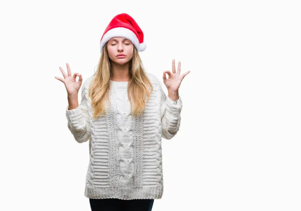 Jovem Mulher Loira Bonita Vestindo Chapéu Natal Sobre Fundo Isolado — Fotografia de Stock