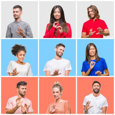 Kolaj grup izole renkli arka plan üzerinde genç insan tiksinti ifadesi, memnun ve korkulu tiksinti yüz yapıyorsun çünkü nefret tepki. Elleriyle kaldırdı. Sinir bozucu kavramı.