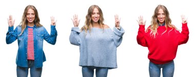 Gösterilen ve parmakları ile işaret beyaz izole arka plan üzerinde genç güzel ve genç birbayan numara 9 kendinden emin ve mutlu gülümseyerek süre.