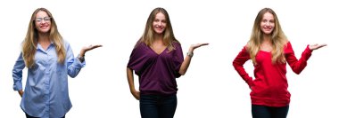 Genç güzel sarışın kadın neşeli sunulması ve kameraya bakarak avucunun ile işaret gülümseyen izole arka plan üzerine kolaj.