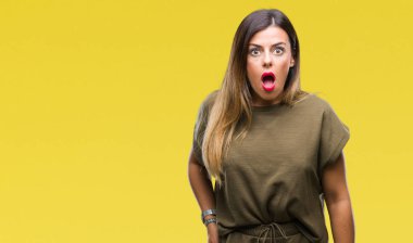 Genç güzel kadın izole arka plan korkuyor ve sürpriz ifade ile şok yüzünden korku ve yüz heyecanlı.