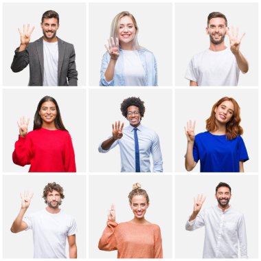 Kolaj bir grup genç insanlar kadın ve erkekler gösterilen ve parmakları ile işaret izole arka plan üzerinde dört kendinden emin ve mutlu gülümseyerek iken numara.