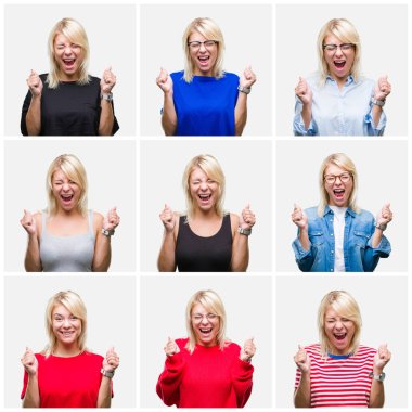 Zafer kutluyor gülümseyen izole arka kolları olan başarı için heyecan üzerinde değişik rahat görünüyor giyen güzel sarışın kadın kolaj kaldırdı. Kazanan kavramı.