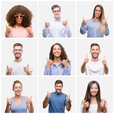 Kolaj bir grup genç insanlar kadın ve erkekler üzerinde beyaz solated arka plan başarı işareti başparmak gülümseyen ve mutlu el ile olumlu hareketi yapıyor. Neşeli bir ifadeyle, kazanan jest kameraya bakıyor.