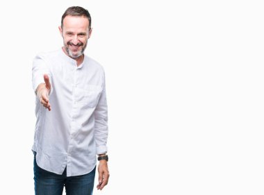 Orta yaş olarak tebrik ve konuksever dost sunan karşılıklı gülümseyen izole arka plan üzerinde ağarmış komuta sizde. Başarılı iş.