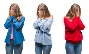 Genç güzel genç kadın ağlayarak süre elleriyle yüzünü kapsayan üzgün ifade ile beyaz izole arka plan yüzünden. Depresyon kavramı.