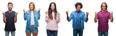 Afro-Amerikan, İspanyol ve Çinli grup izole beyaz arka plan kutlama üzerinde insan bileşimi şaşırttı ve başarı için kaldırdı kollarını açarak hayret ve gözleri açık. Kazanan kavramı.