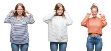 Rahat giyen genç güzel genç kadın parmakları ile yüksek sesle müzik gürültü rahatsız ifade kulaklarıyla kapsayan beyaz izole arka plan bakın. Sağır kavramı.