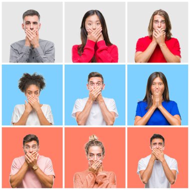 Kolaj grup renkli izole arka plan ağız hata için elleriyle kapsayan şok üzerinde genç insan. Gizli kavramı.