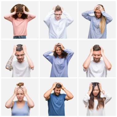 Kolaj bir grup genç insanlar kadın ve erkekler üzerinde beyaz solated arka plan çünkü umutsuz ve stresli baş ağrısı acı acı ve migren. Ellerini kafasına.