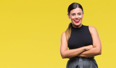 Kameraya bakarak çapraz silah ile gülümseyen izole arka plan mutlu yüzüne genç güzel şık iş kadını. Olumlu bir kişi.