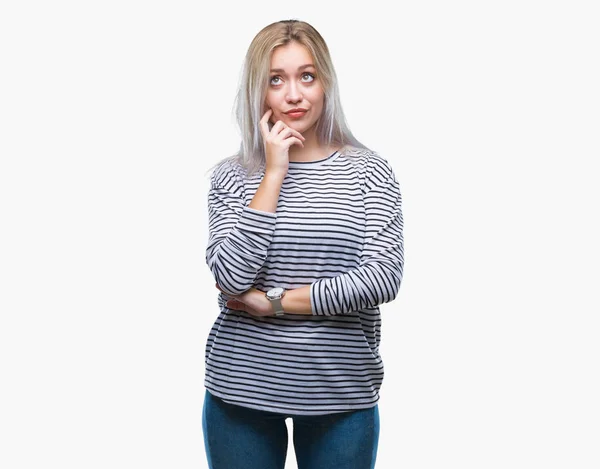 Young Blonde Woman Isolated Background Hand Chin Thinking Question Pensive — Stock Photo, Image