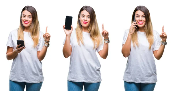 Collage Joven Hermosa Mujer Usando Teléfono Inteligente Sobre Fondo Aislado —  Fotos de Stock