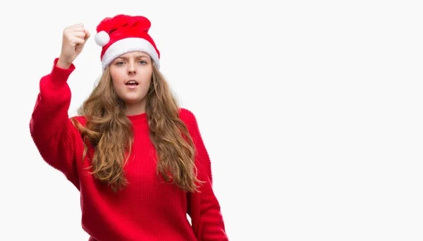 Νεαρή Ξανθιά Γυναίκα Φοράει Καπέλο Santa Claus Ενοχλημένος Και Απογοητευμένοι — Φωτογραφία Αρχείου