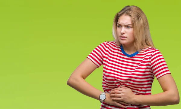 Young Caucasian Woman Isolated Background Hand Stomach Because Nausea Painful — Stock Photo, Image